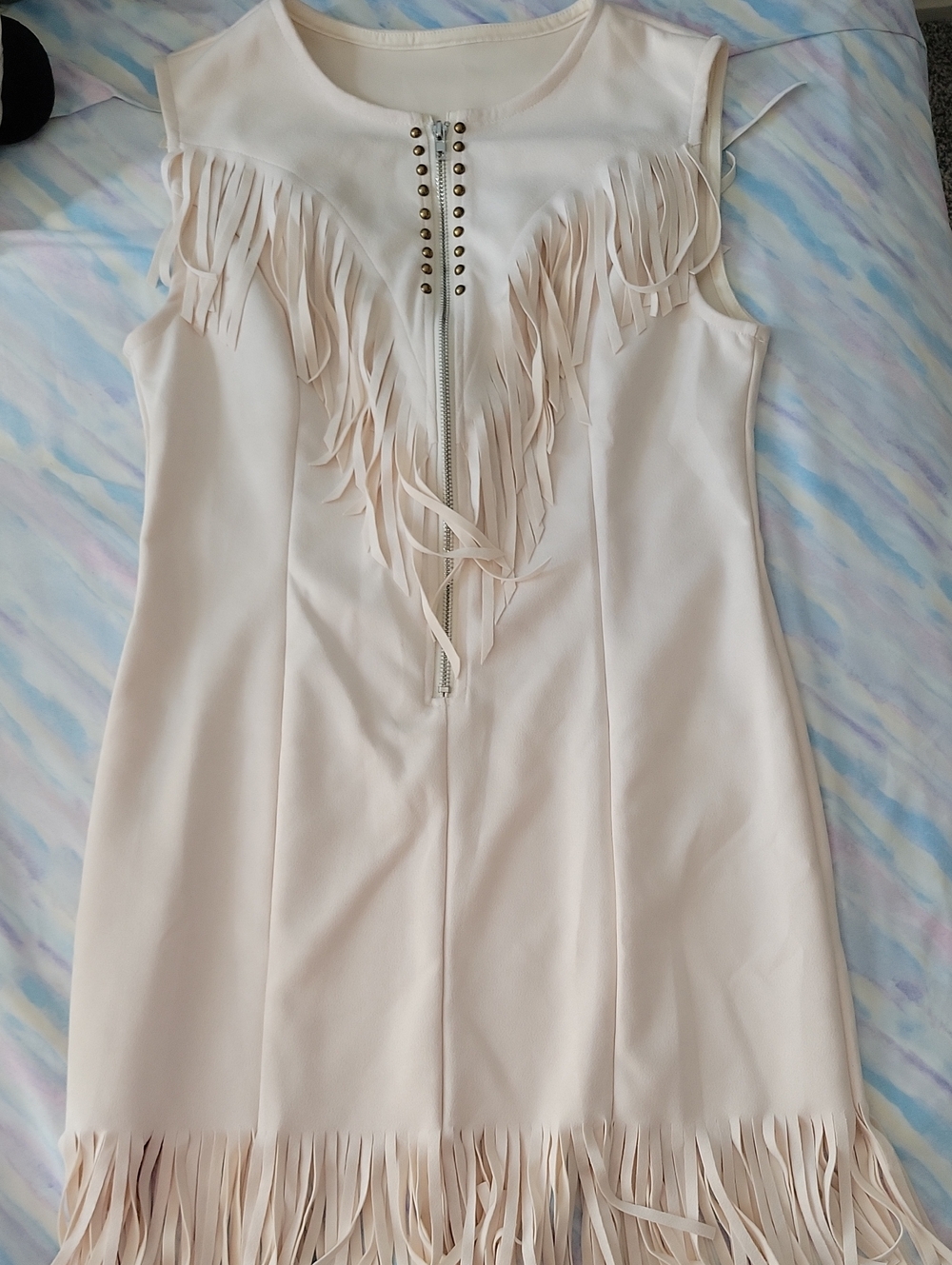 Sleeveless Fringe Shift Dress in Cream with Front Zip
